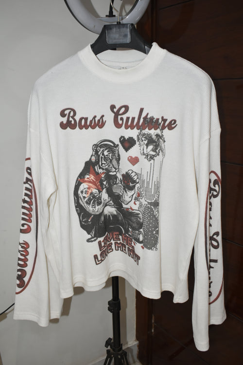 IGNVS Bass Culture Waffle Knit Oversized Full Sleeve T-Shirt - Off-White